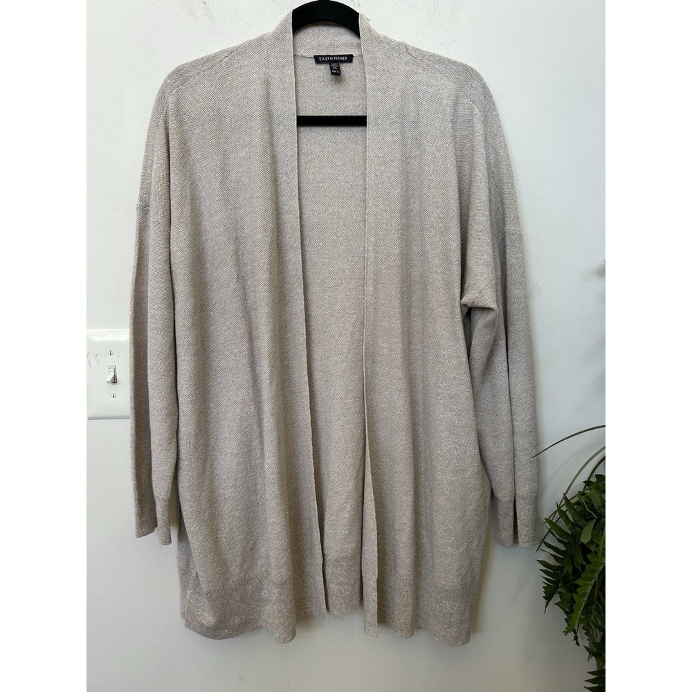 Eileen Fisher Linen Cotton Beige Cardigan L Lagenlook Coastal Minimalist Luxury